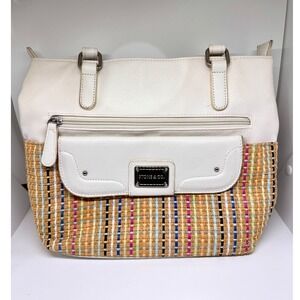 Stone & Co Multi Color Woven Straw White Faux Leather Tote Shoulder Bag 2AS264-3